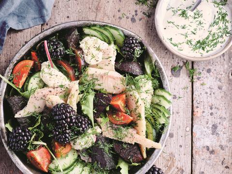Salade met gerookte forel, rode biet en bramen