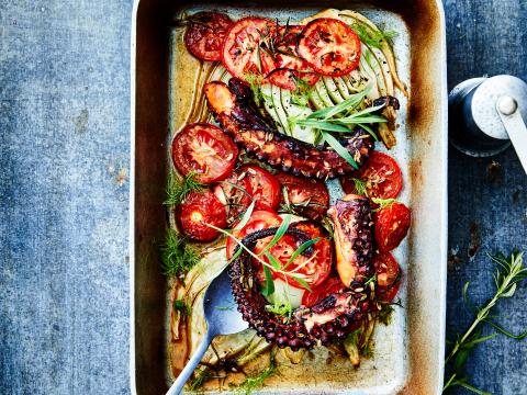In de oven gestoofde octopus met tomaten en venkel