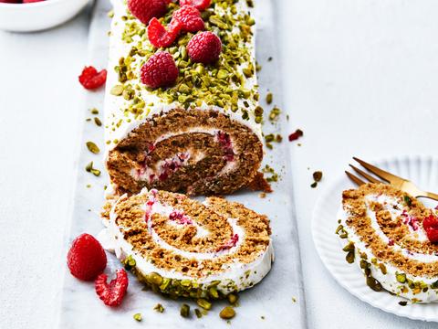 Pistacherol met ricotta en frambozen