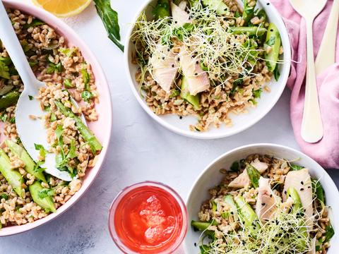 Risotto van tarwekorrels met groene asperges