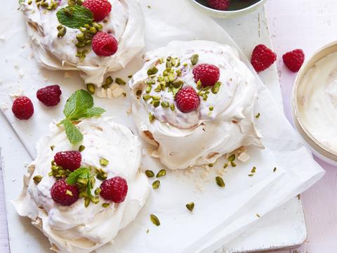 Mini-pavlova
met frambozen
en yoghurt