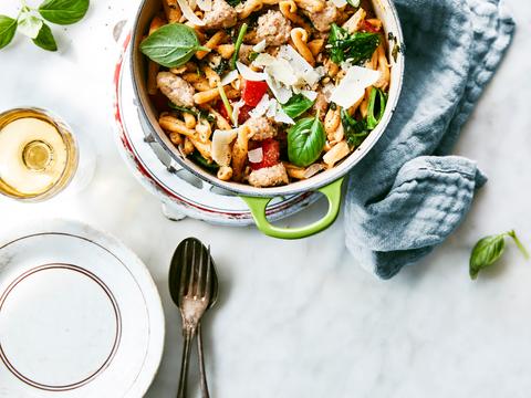 Casarecce met spinazie, tomaat en merguez
