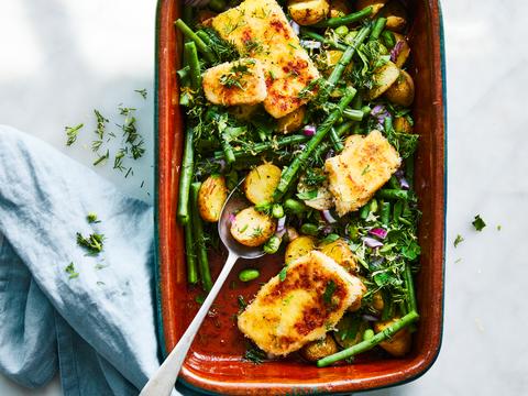 Aardappelplakjes met boontjes en krokant gebakken feta
