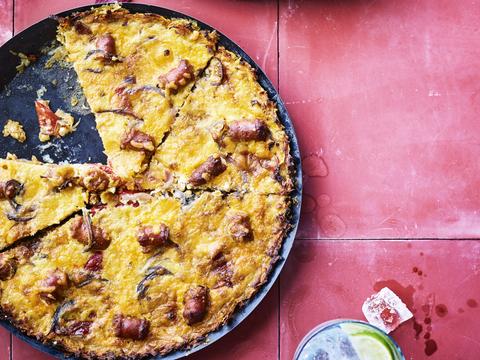 Quiche met merguez en bodem van zoete aardappel