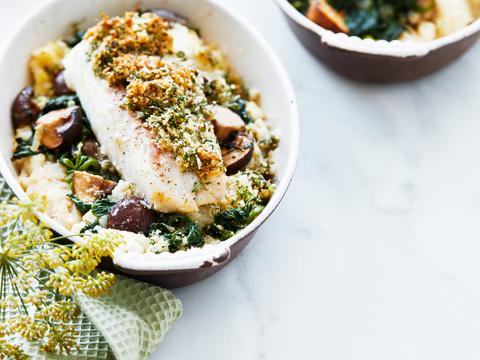 Vispannetje parmentier met champignons en spinazie