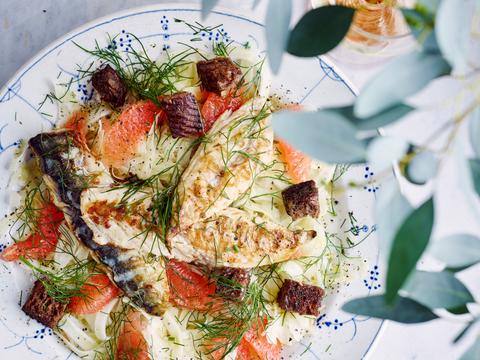 Gegrilde makreel met pompelmoes-venkelslaatje