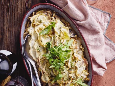 Knolselderlasagne met paddenstoelen en mascarpone