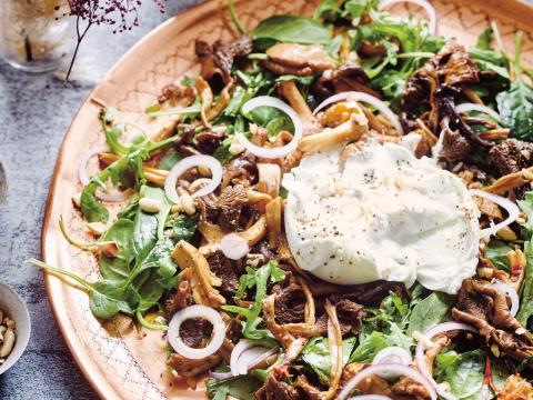 Salade aigre-douce aux champignons des bois et burrata