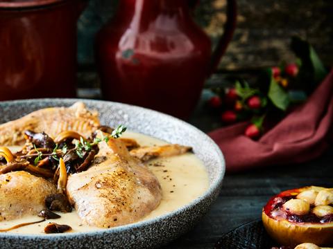 Fazant met cantharellen en gevulde appeltjes