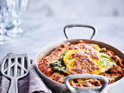Lasagne met kippengehakt, pompoen en savooikool