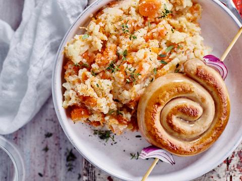 Wortelstoemp met chipolataspiesje