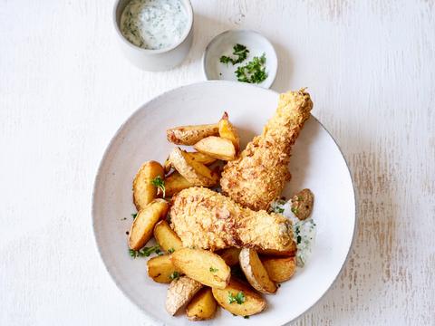 Karnemelkkip met aardappelpartjes uit de airfryer