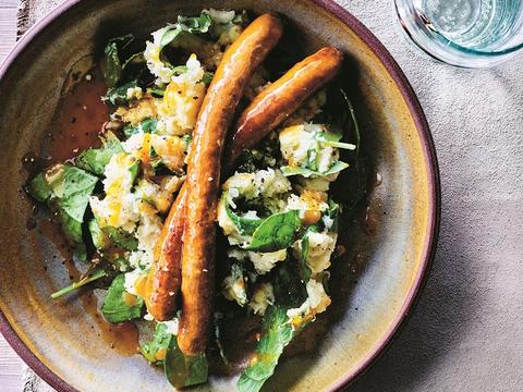 Spinazie-knolselderstoemp met merguez