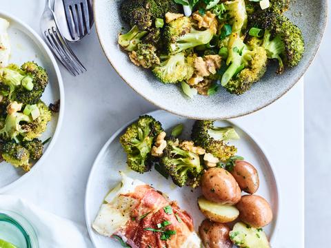 Kabeljauw met pancetta, peterseliepatatjes en broccoli