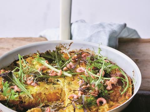 Frittata van pastinaak en pompoen met grijze garnalen