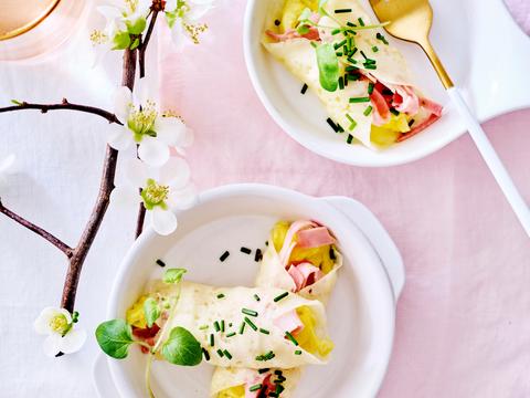 Mini-wraps met mozzarella, roerei en ham