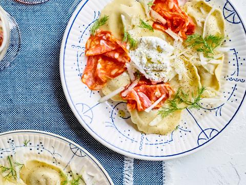 Ravioli met ricotta, venkel en chorizo