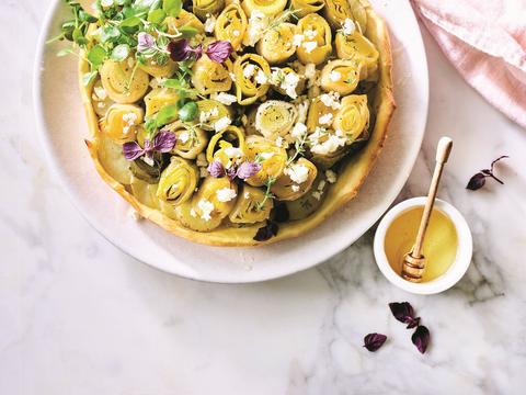 Volkoren tarte tatin van prei, aardappel en feta