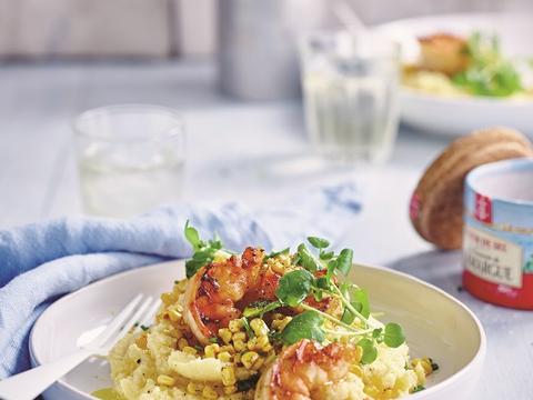 Polenta met gekaramelliseerde scampi's