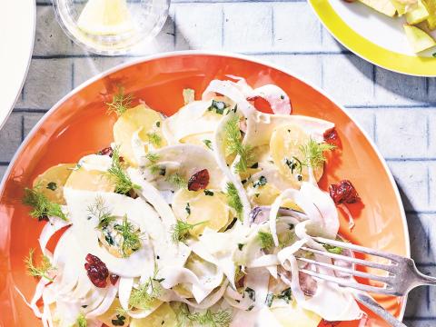 Aardappelsalade met venkel, veenbessen en yoghurtdressing