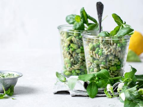 Pasta pesto met erwtjes