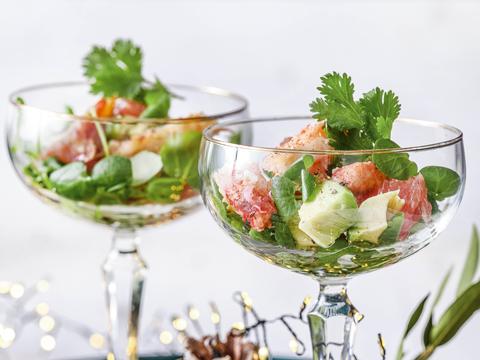 Glaasje met kingkrab, avocado en pompelmoes