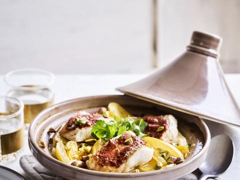 Vistajine met krieltjes, aardpeer, abrikozen en gekonfijte citroen  