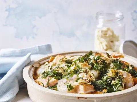 Lasagne met scampi's, zalm en kreeftensaus