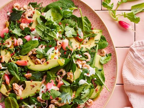Groene salade met gepekelde radijzen, avocado en grijze garnaaltjes