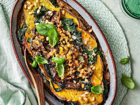 Pompoenlasagne met spinazie en paddenstoelen