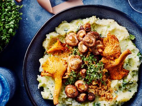 Groenekool-ricottapuree met gebakken champignons