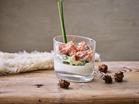 panna cotta met krab en appel