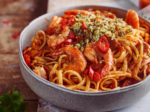 Linguine arrabbiata met scampi’s