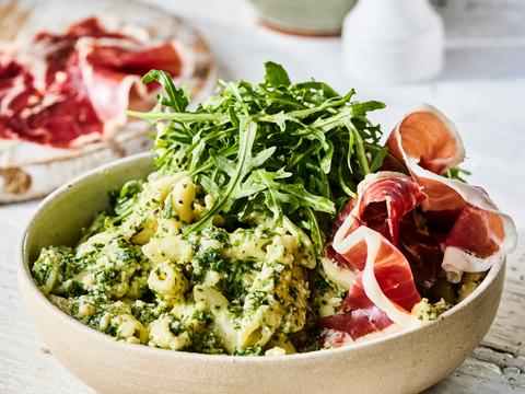 Pasta met rucolapesto en Ibericoham