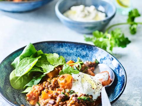 Linzenstoofpotje met wortel en spinazie