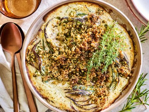 Romige groentegratin met mosterdkorst