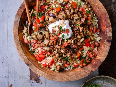 Pilav met aubergine en kalfsgehakt