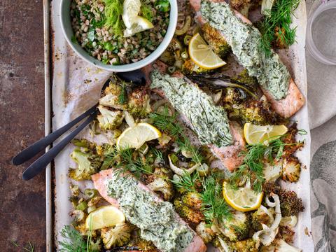 Zalm met roomkaaskorst en spelt