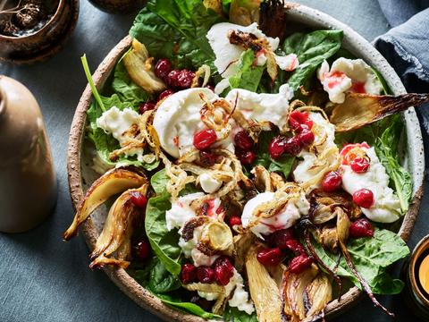 Ovengeroosterde venkel en veenbessen met burrata en honing-¬mandarijndressing