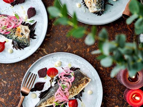 Gebrande makreelfilet met bietjes, gepekelde rode ui en wasabimayonaise