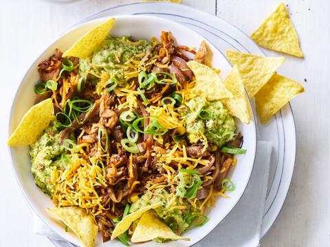 Pulled paddenstoelen met guacamole en nacho’s