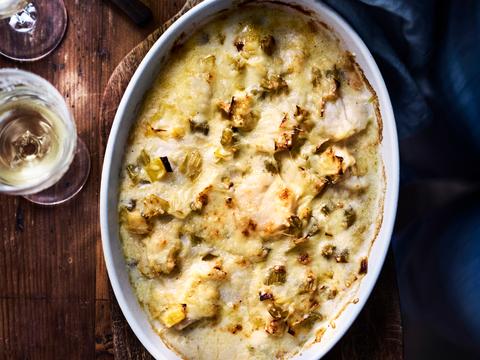 Gratin met vis en sint-jakobsvruchten