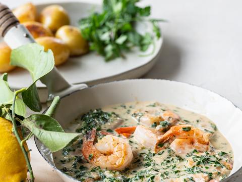 Scampi’s in kruidenroomsaus met krieltjes
