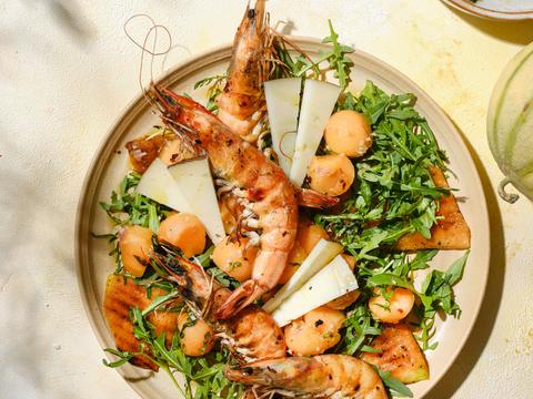 Salade met meloen, manchego en gamba‘s