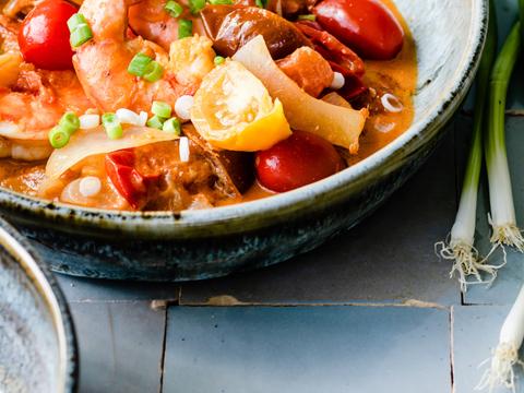 Tomatencurry met scampi’s