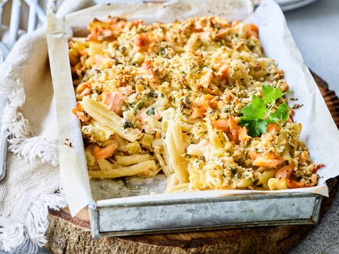 Trofie met pulled salmon en prei