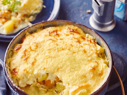 Schelvis met pompoen in driekazensaus