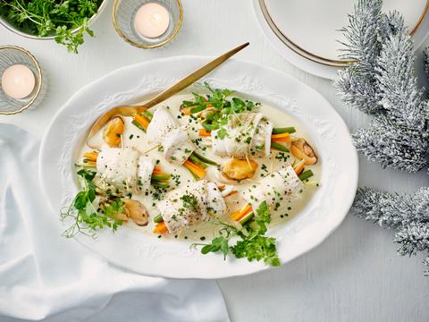 Visrolletjes met fijne groentjes en mosterdsausje