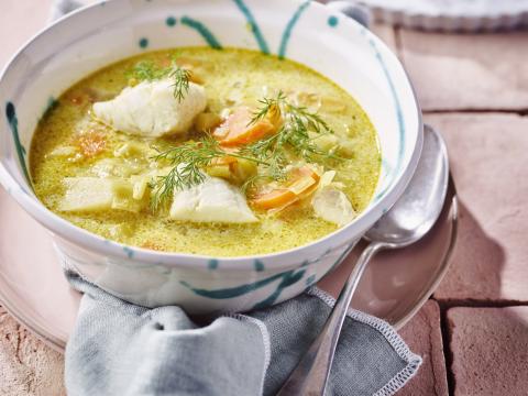 Soupe de poireaux, panais et cabillaud