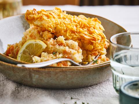 Wortelstoemp met krokante vis uit de airfryer